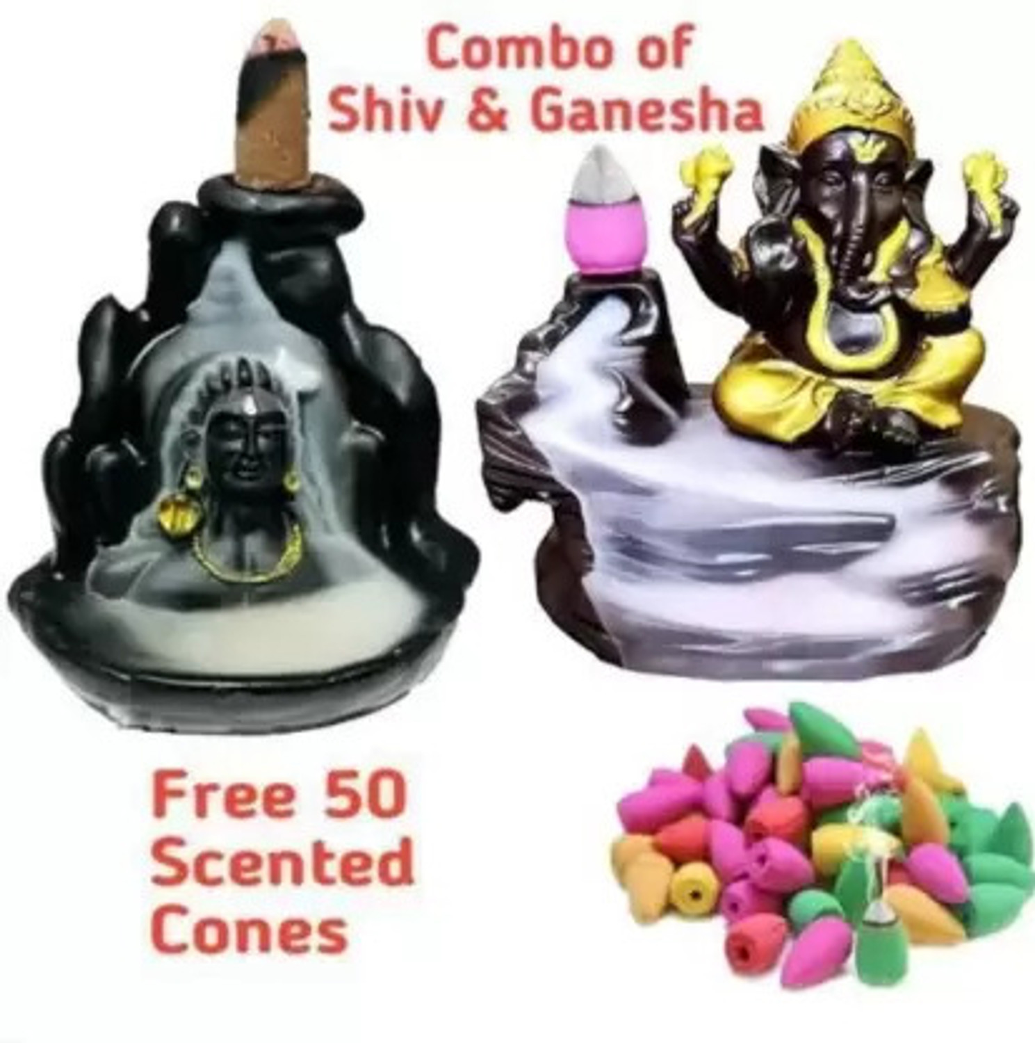 Image of Shree Shyam Traders Adiyogi and Ganesha combo with 50 pcs fragrance cones Polyresin Incense Holder