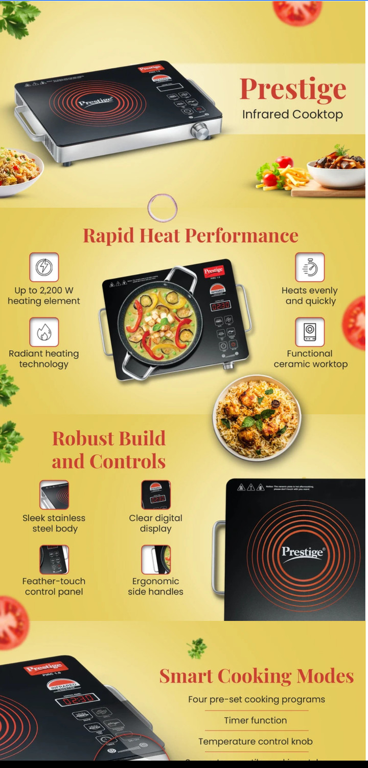 Image of TTK PRESTIGE 2200 W Infrared Cooktop Jog Dial, Touch Panel