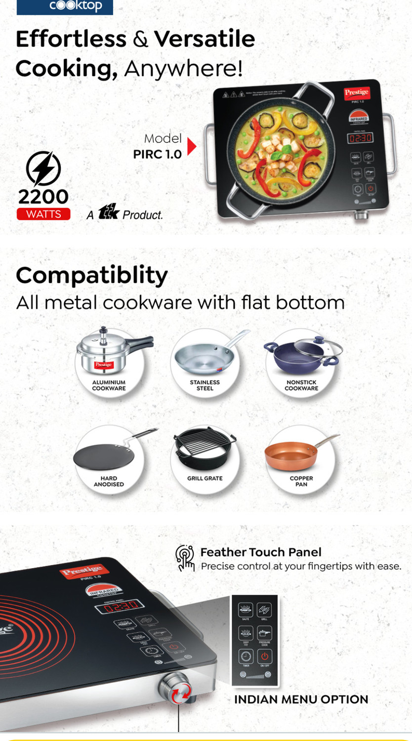 Image of TTK PRESTIGE 2200 W Infrared Cooktop Jog Dial, Touch Panel