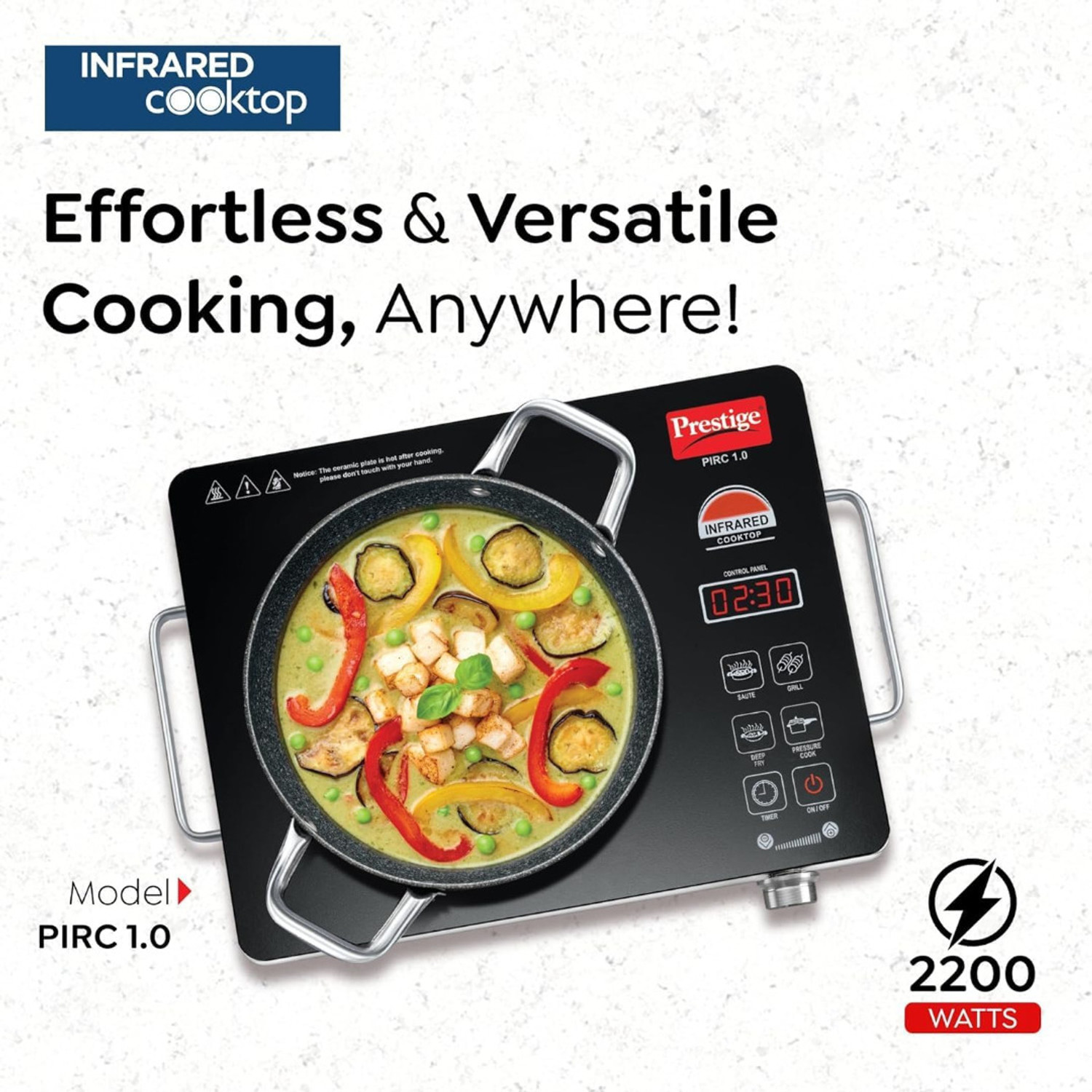 Image of TTK PRESTIGE 2200 W Infrared Cooktop Jog Dial, Touch Panel