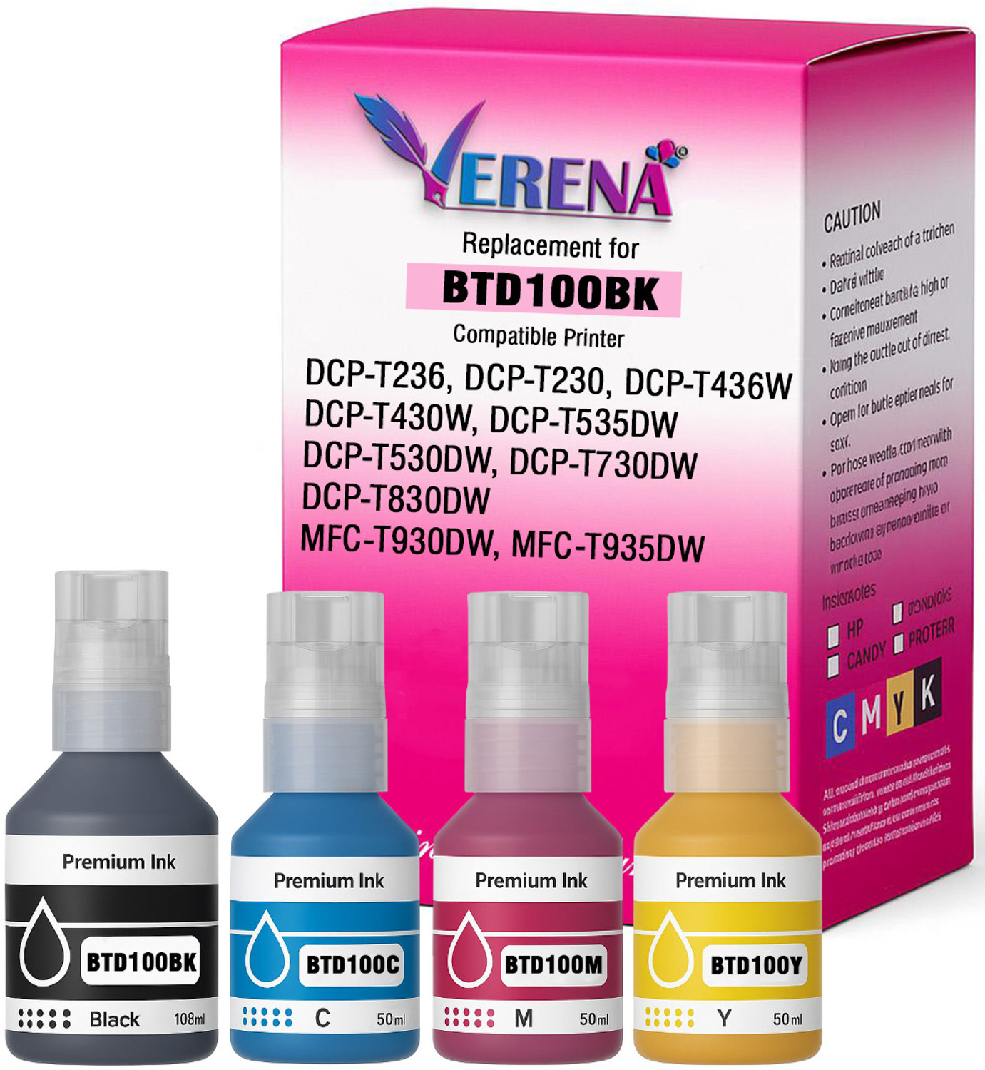 Image of verena BTD100 Compatible Refill ink For DCP-T236, DCP-T230, DCP-T436W Printers Black + Tri Color Combo Pack Ink Bottle