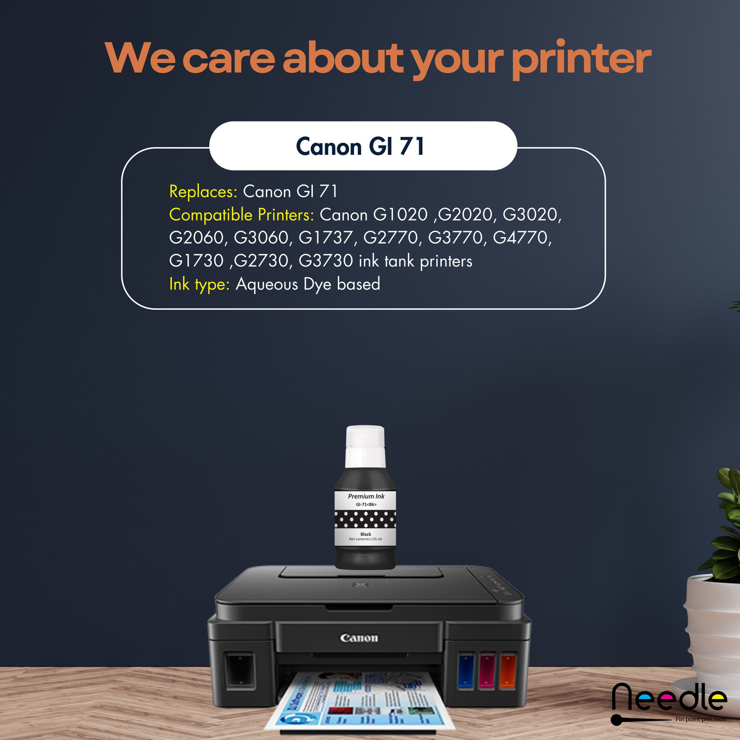 Image of Needle GI71 for CN Pixma G1020 G2020 G3020 G2060 G3060 G1737 G2770 Printer 135ml each Black Ink Bottle