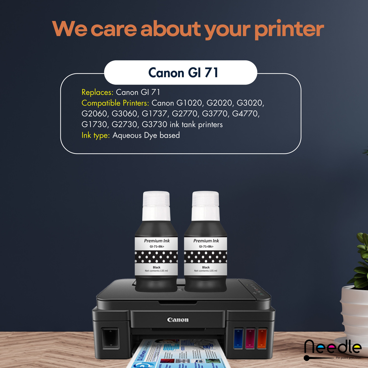 Image of Needle GI71 for CN Pixma G1020 G2020 G3020 G2060 G3060 G1737 G2770 Printer 135ml each Black - Twin Pack Ink Bottle