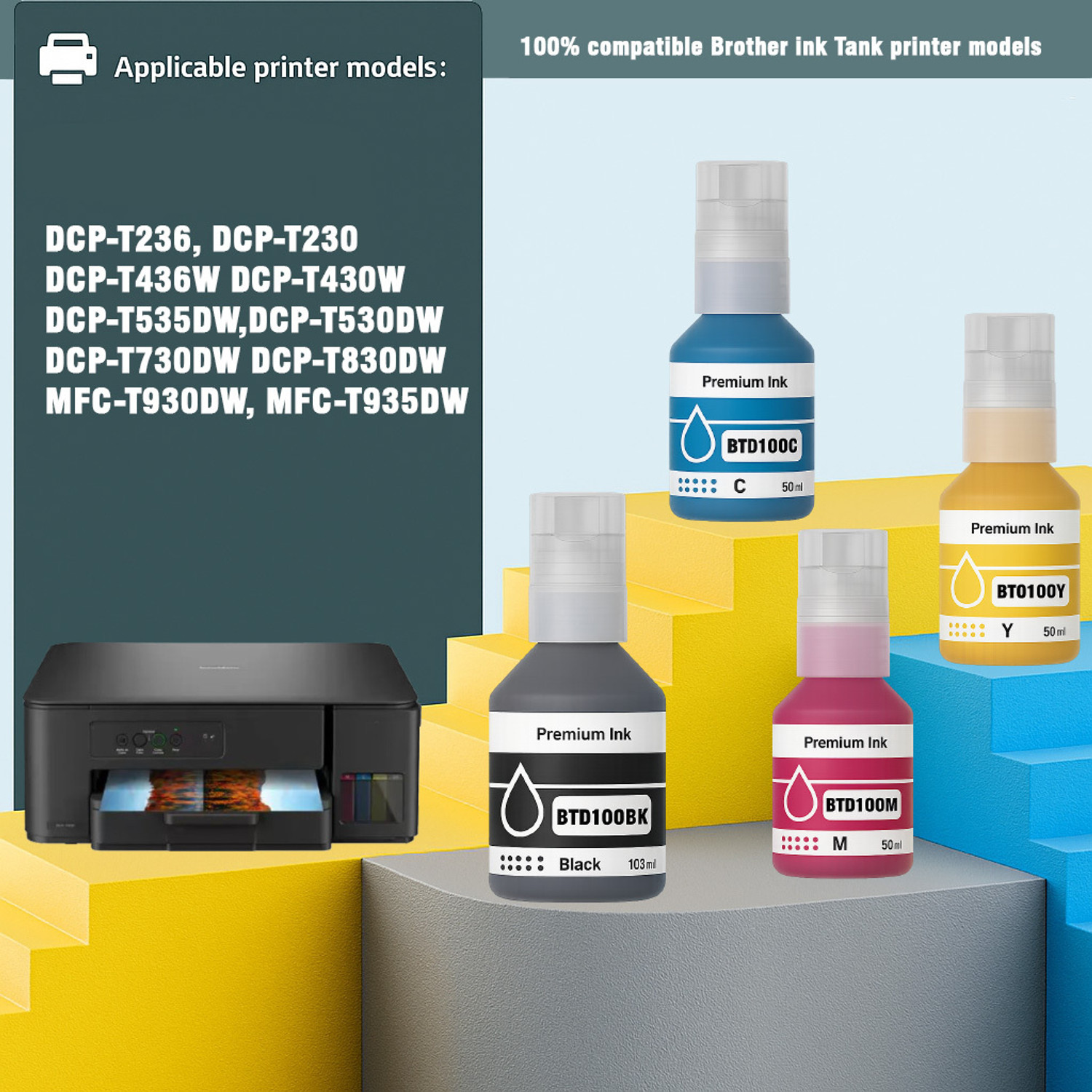 Image of verena BTD100 Compatible Refill ink For DCP-T236, DCP-T230, DCP-T436W Printers Black + Tri Color Combo Pack Ink Bottle