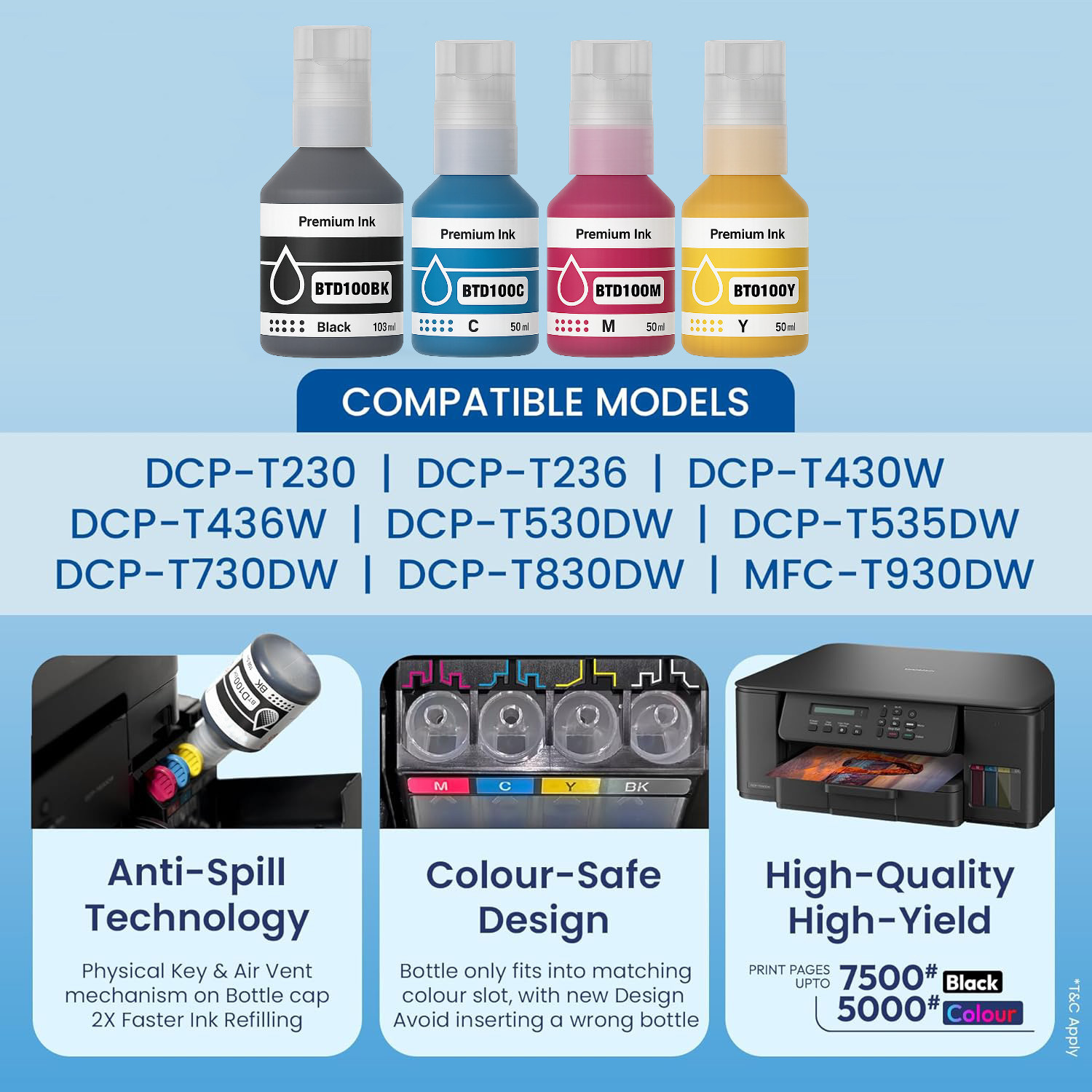 Image of verena BTD100 Compatible Refill ink For DCP-T236, DCP-T230, DCP-T436W Printers Black + Tri Color Combo Pack Ink Bottle