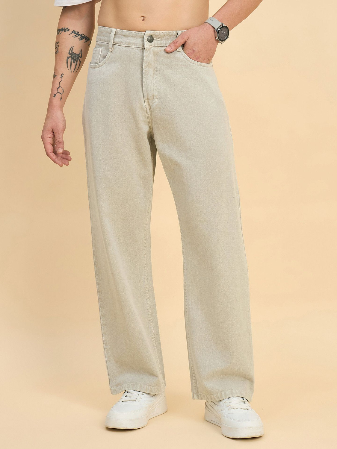 Image of FLEECRANE Relaxed Fit Men Beige Jeans