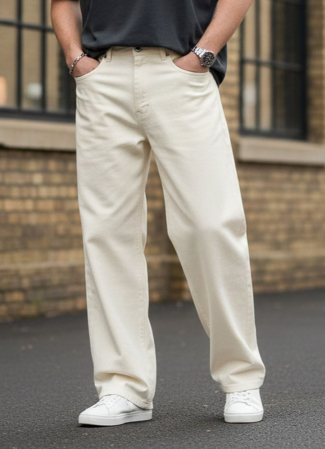Image of FLEECRANE Relaxed Fit Men Beige Jeans