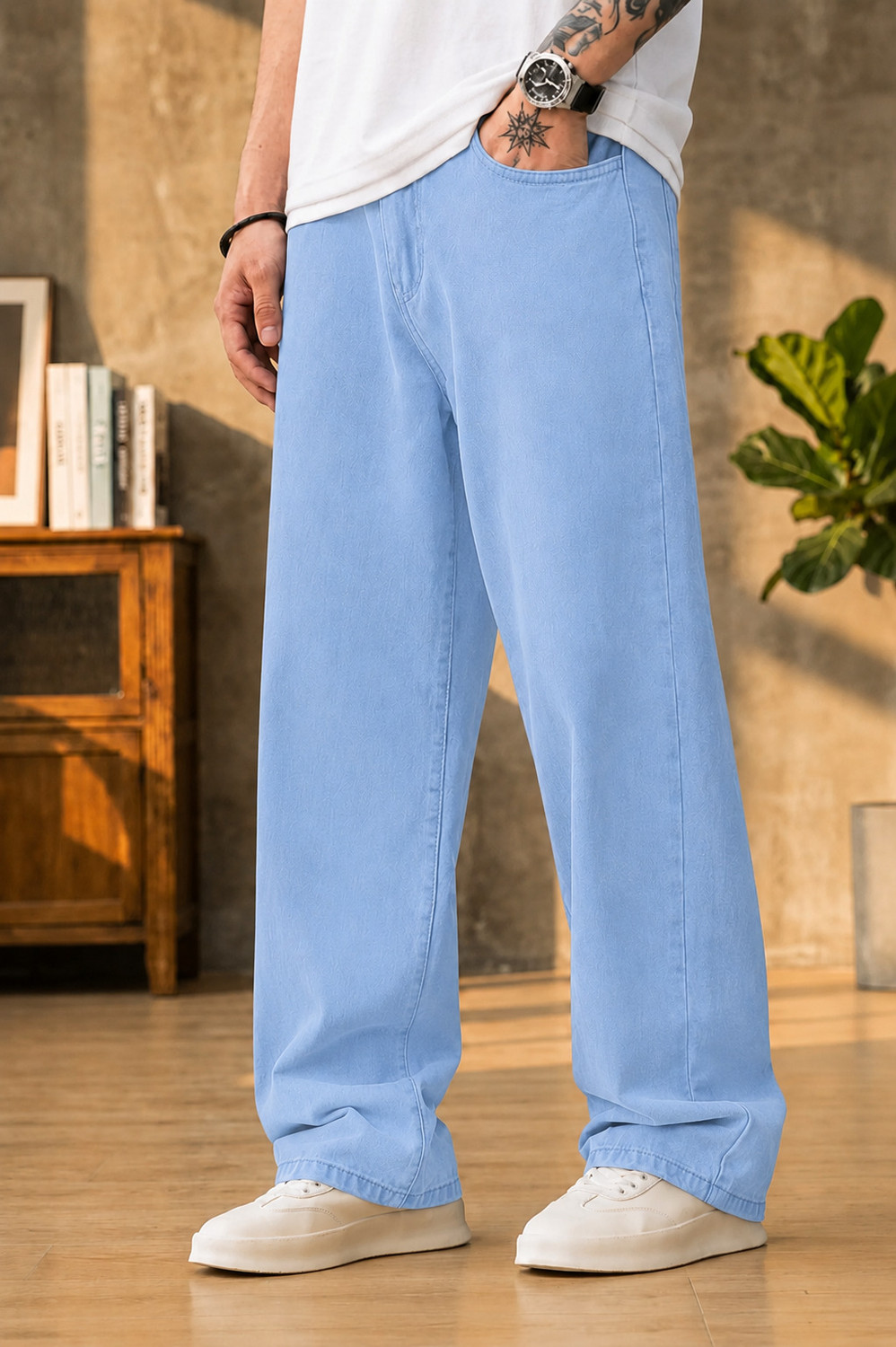 Image of HANGERHOOD Straight Fit Men Light Blue Jeans