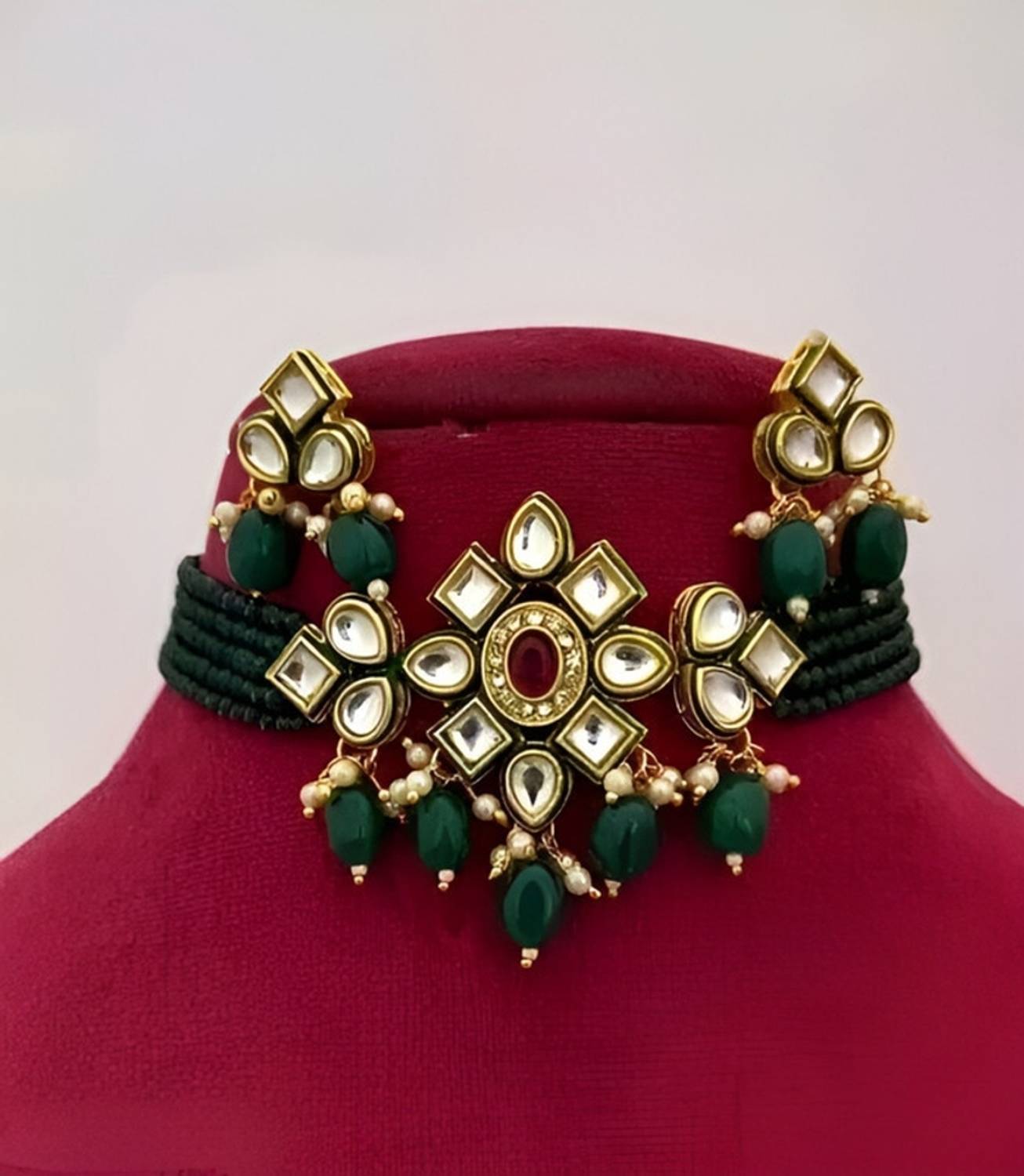 ARADHEMA Brass Gold-plated Green Jewellery Set