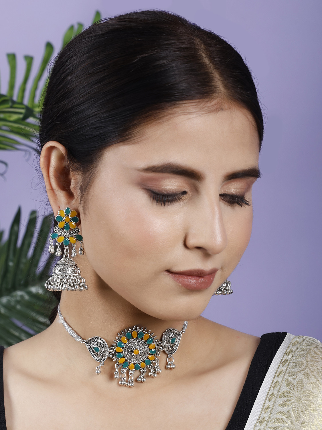Image of Foxy Trend Zinc Silver Yellow, Green Jewellery Set