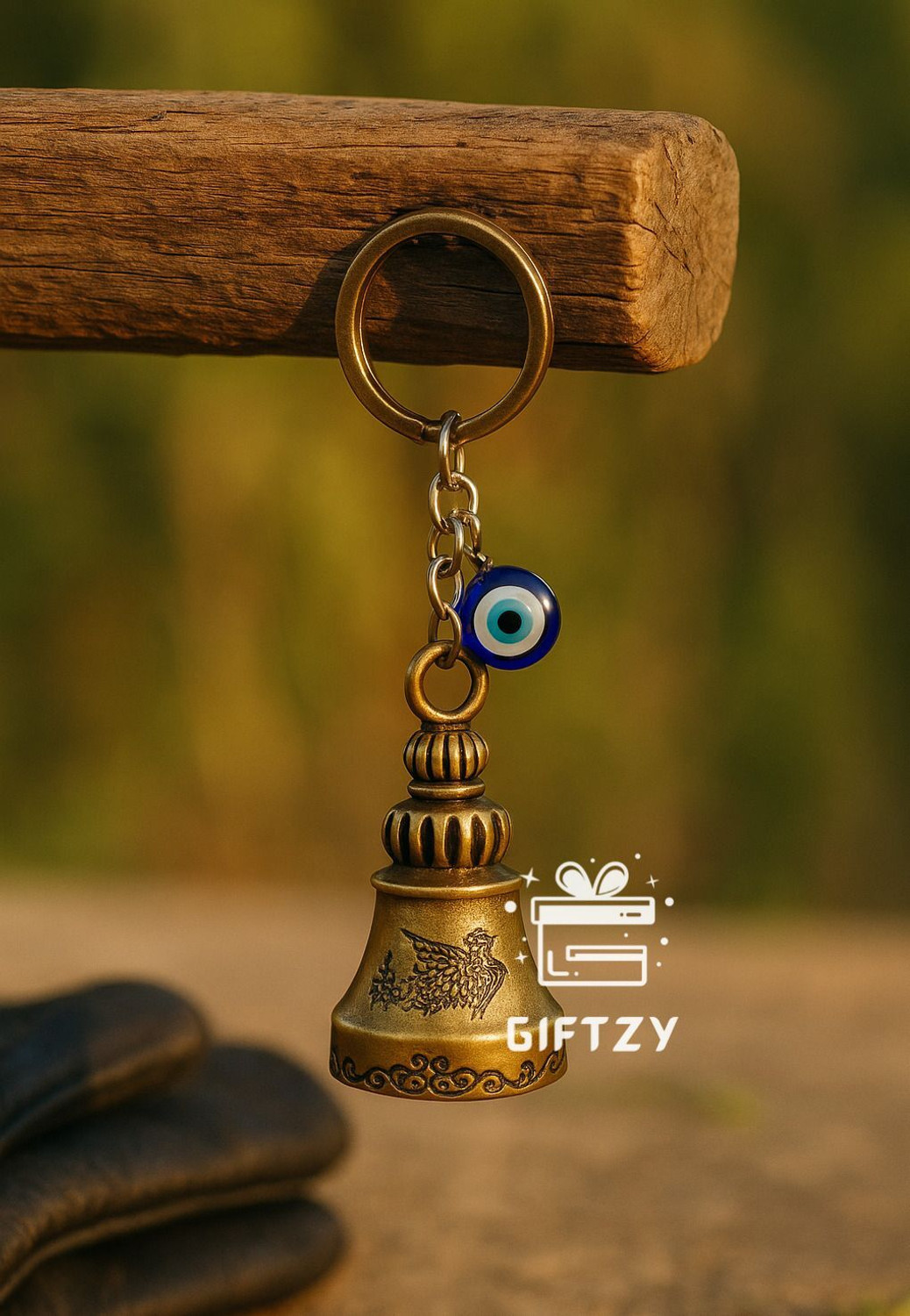 Image of Giftzy Guardian Bell Keychain Evil Eye Lucky Charm Ghanti Spiritual Protection for Bike Key Chain