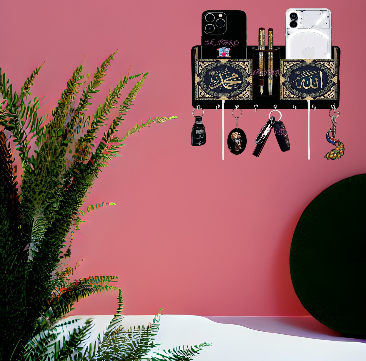 Image of SK PARO Alla wood key holder pen stand and mobile stand Wood Key Holder