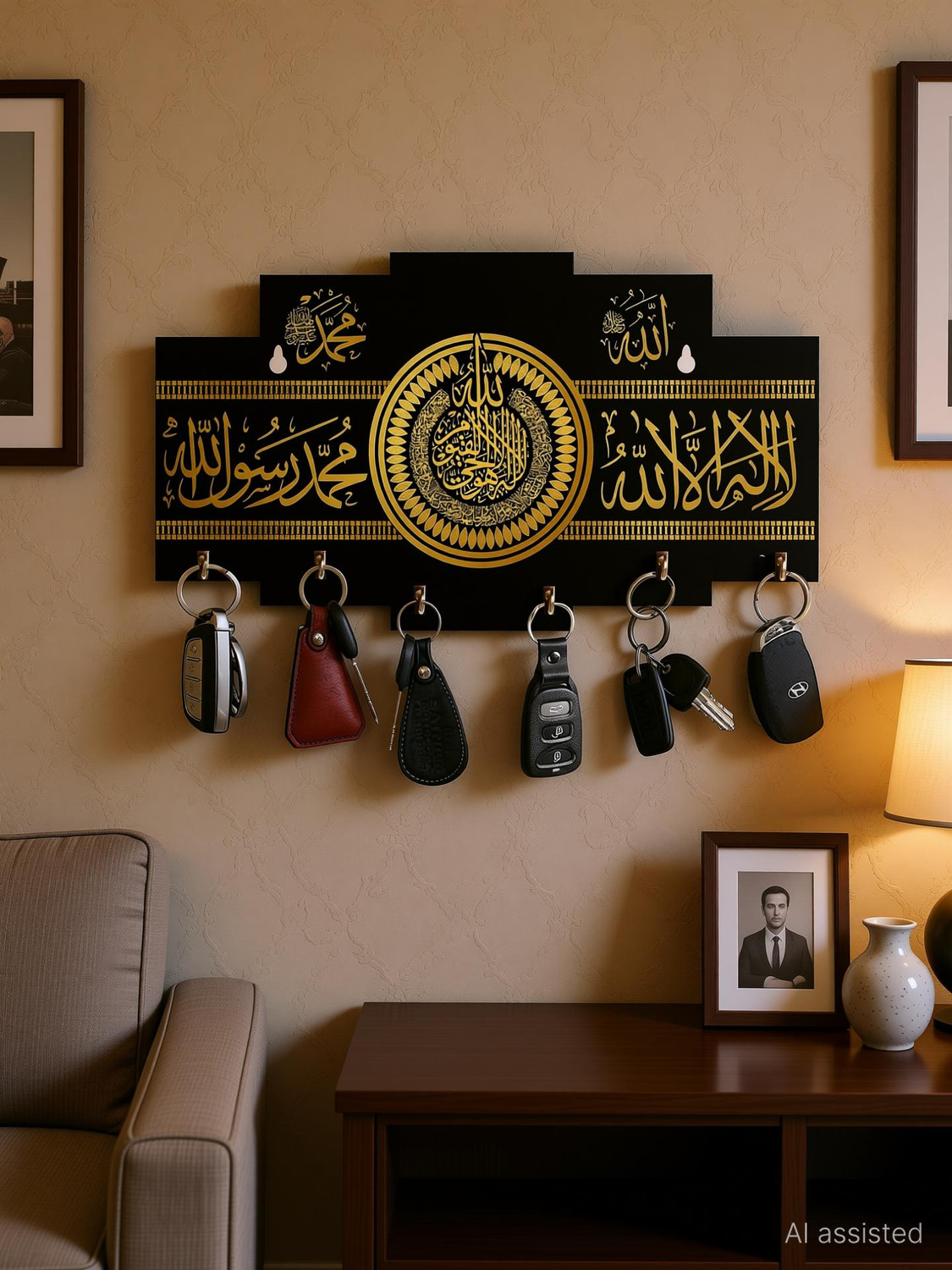 Image of Brothers Creation Islamic Key Holder /For Wall / Key Stand / Home Decoration Material Wood Key Holder (6 Hooks, Black)