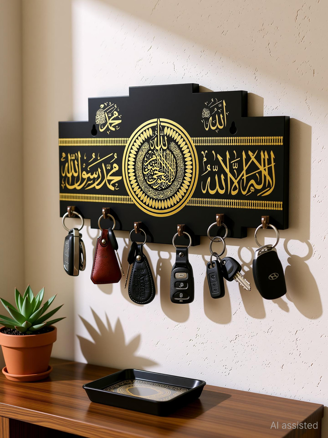 Image of Brothers Creation Islamic Key Holder /For Wall / Key Stand / Home Decoration Material Wood Key Holder (6 Hooks, Black)