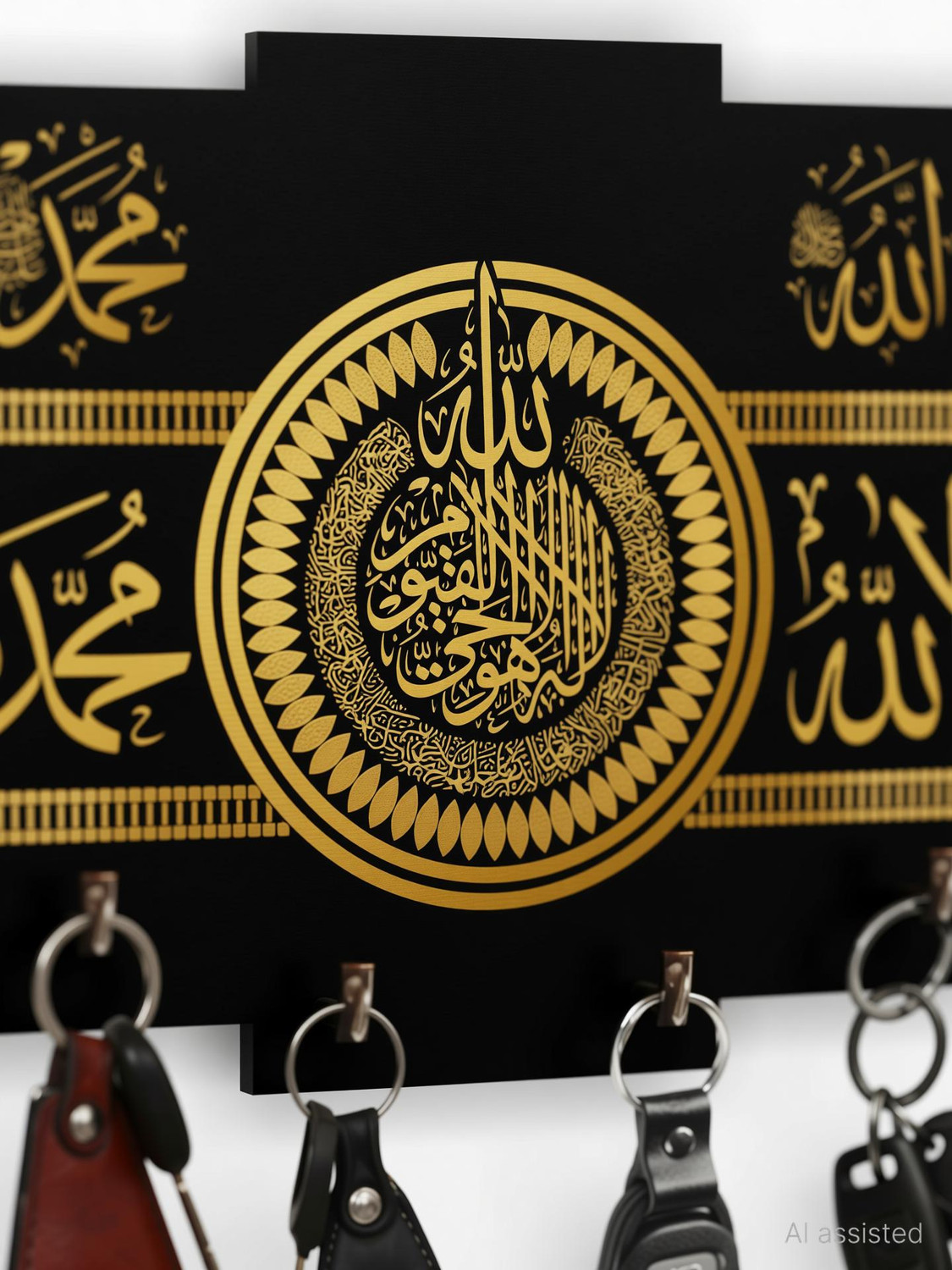 Image of Brothers Creation Islamic Key Holder /For Wall / Key Stand / Home Decoration Material Wood Key Holder (6 Hooks, Black)