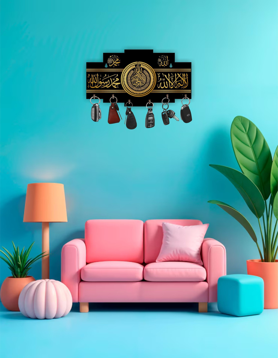 Image of Brothers Creation Islamic Key Holder /For Wall / Key Stand / Home Decoration Material Wood Key Holder (6 Hooks, Black)