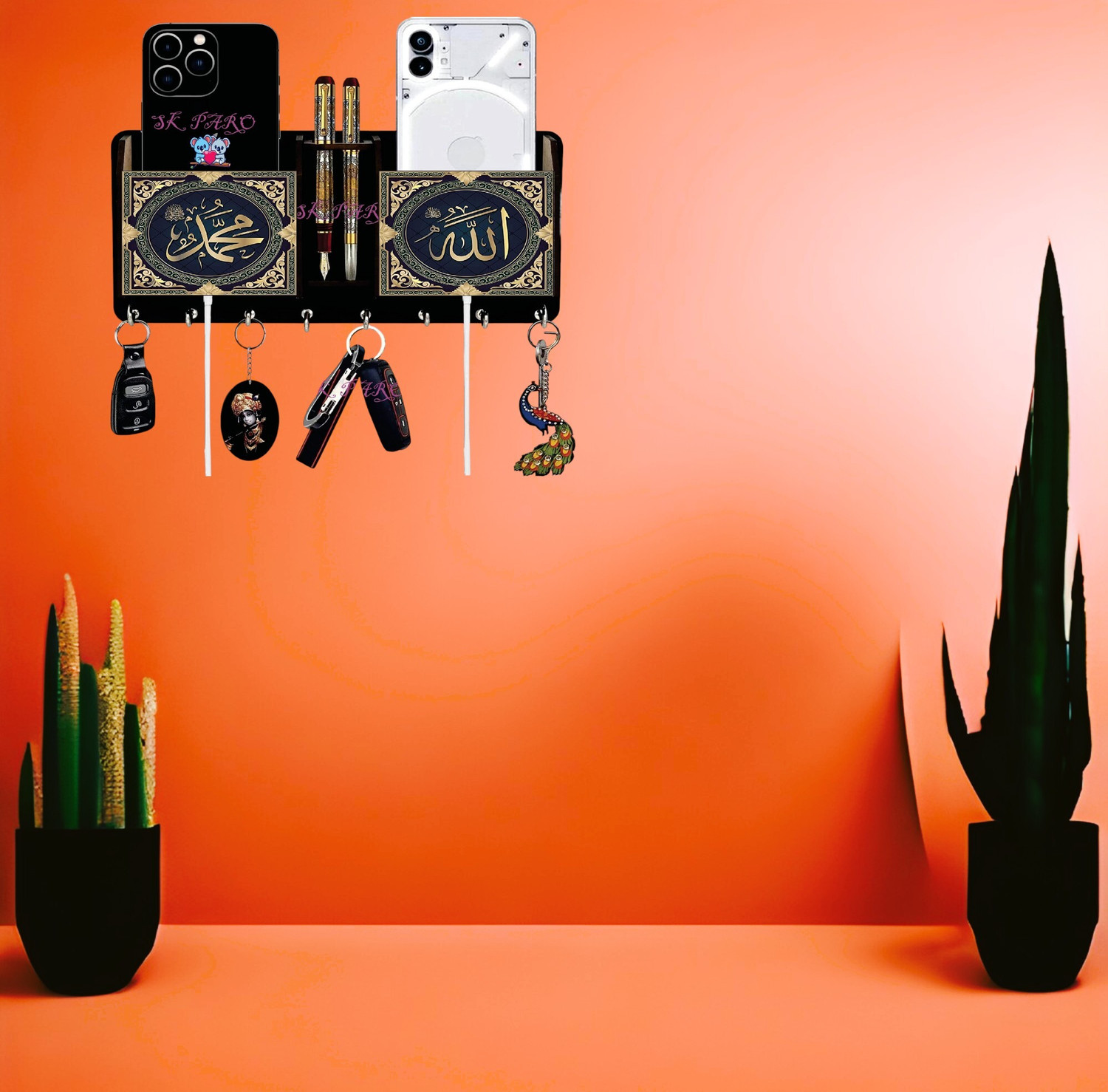 Image of SK PARO Alla wood key holder pen stand and mobile stand Wood Key Holder