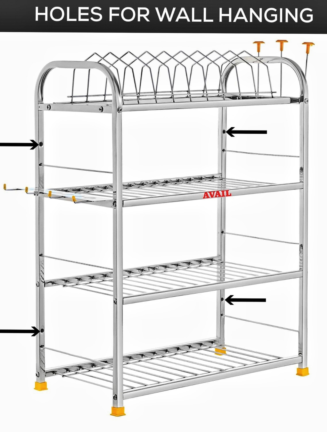Image of AVAIL Utensil Kitchen Rack Steel Steel Kitchen Rack 4 lAYER Utensil Kitchen Rack Steel Wall Mount Rack(24x18)