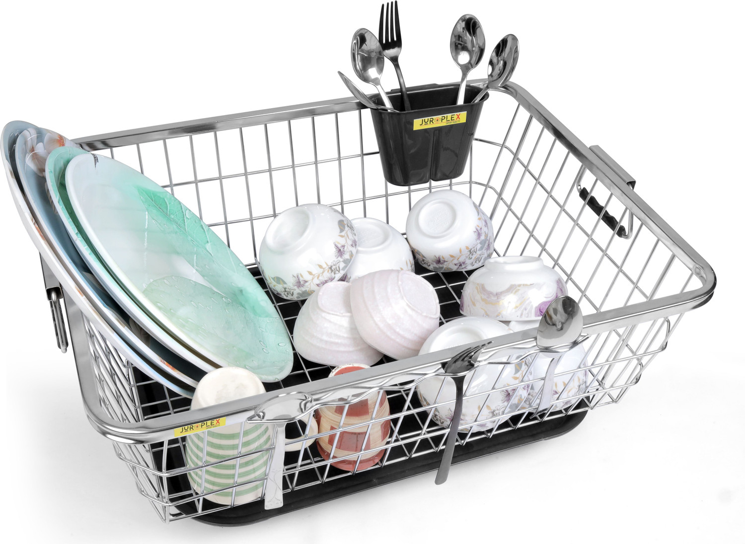 Image of JUROPLEX Dish Drainer Kitchen Rack Steel Dish Drainer Rack, Plastic Dish Drainer Basket for Utensils Drying 56x43x22cm