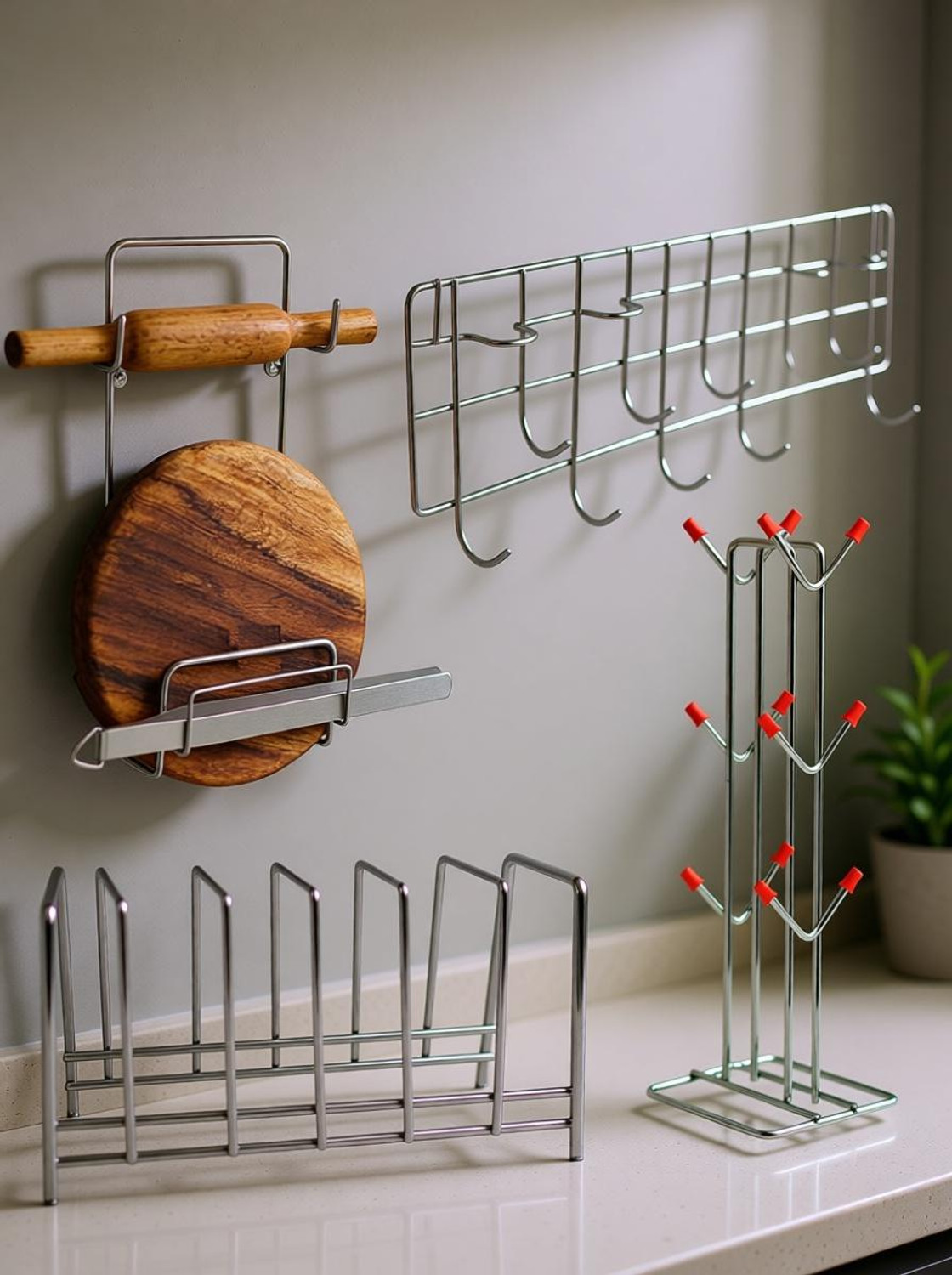 Image of JISUN Stainless Steel Plate Stand & Cup Stand & Chakla Belan Stand & Hook Rail Silver Utensil Kitchen Rack