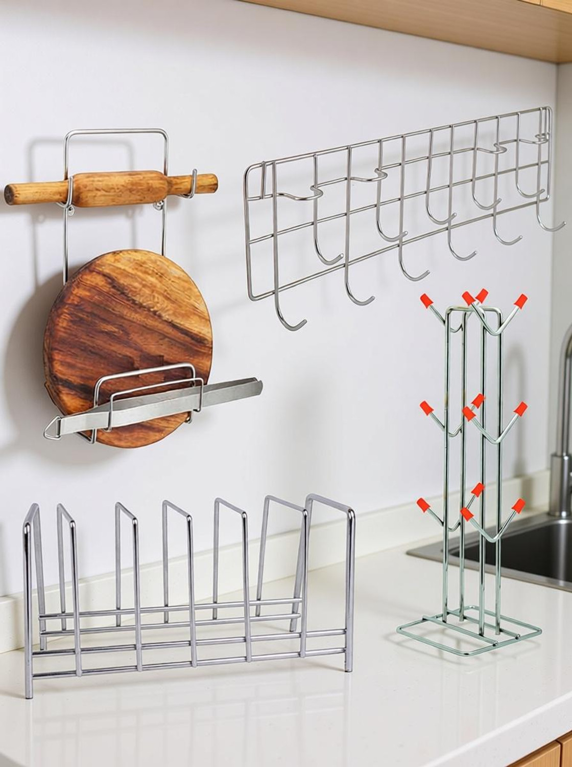 Image of JISUN Stainless Steel Plate Stand & Cup Stand & Chakla Belan Stand & Hook Rail Silver Utensil Kitchen Rack
