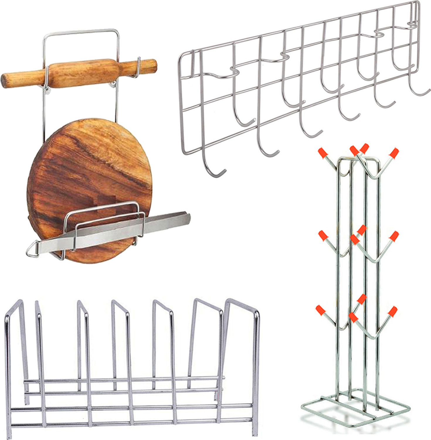 Image of JISUN Stainless Steel Plate Stand & Cup Stand & Chakla Belan Stand & Hook Rail Silver Utensil Kitchen Rack