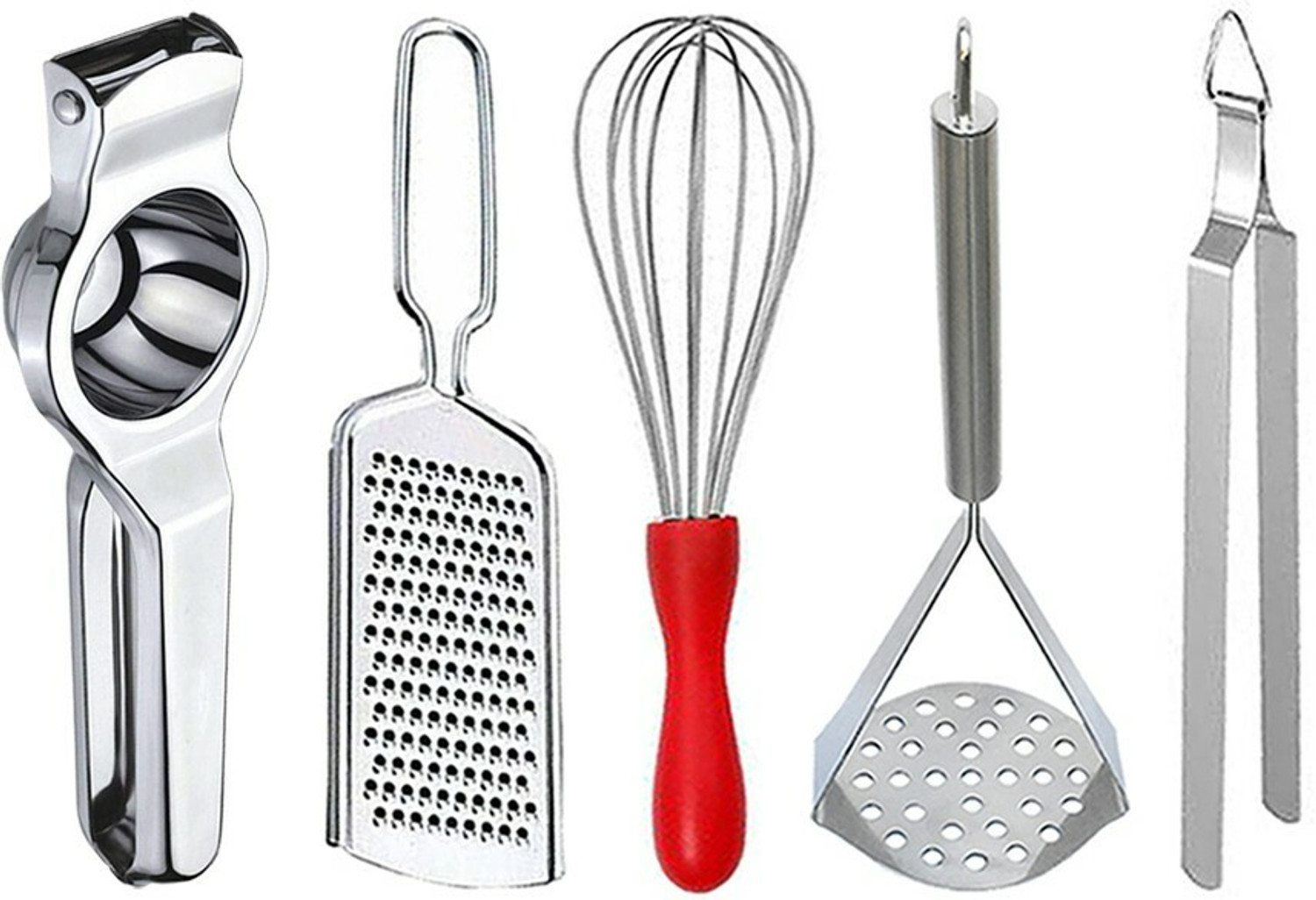 Image of OC9 Steel Lemon Squeezer & Cheese Grater & Whisk & Potato Masher & Chimta Kitchen Tool Set