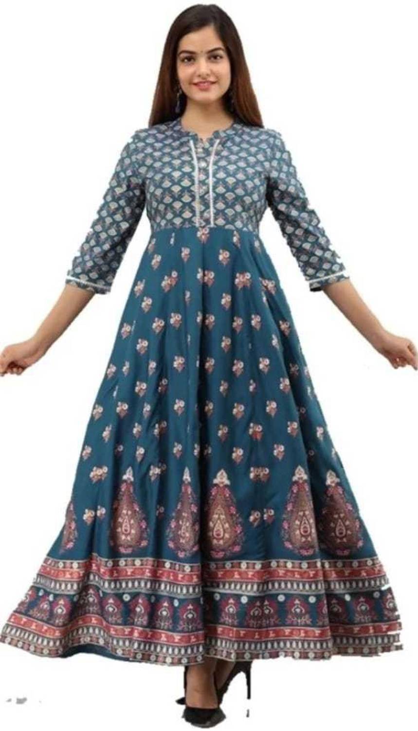 R GLOBAL Women Printed Viscose Rayon Anarkali Kurta (Blue)