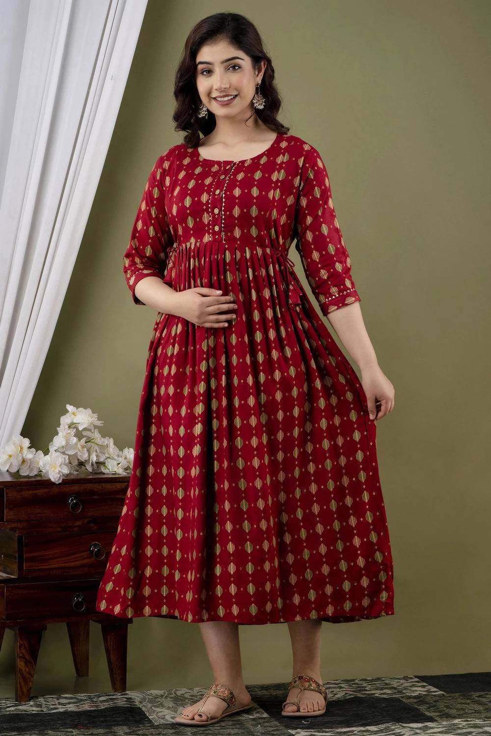 Madfury Women Printed Pure Cotton Anarkali Kurta (Red)