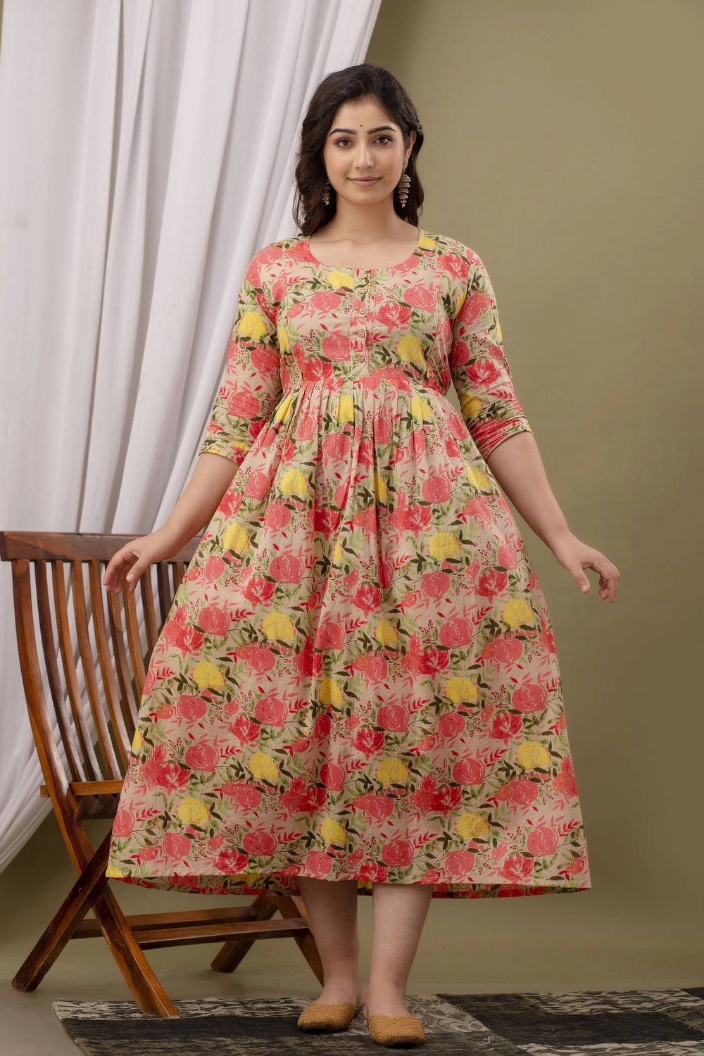 Madfury Women Printed Pure Cotton Anarkali Kurta (Beige)