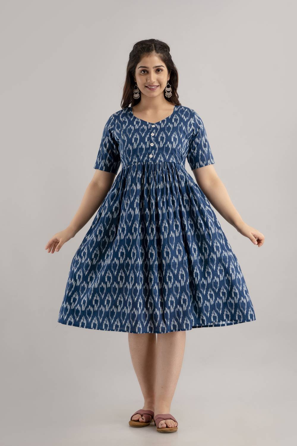 CELEBRAVO Women Gathered White, Dark Blue Knee Length Dress