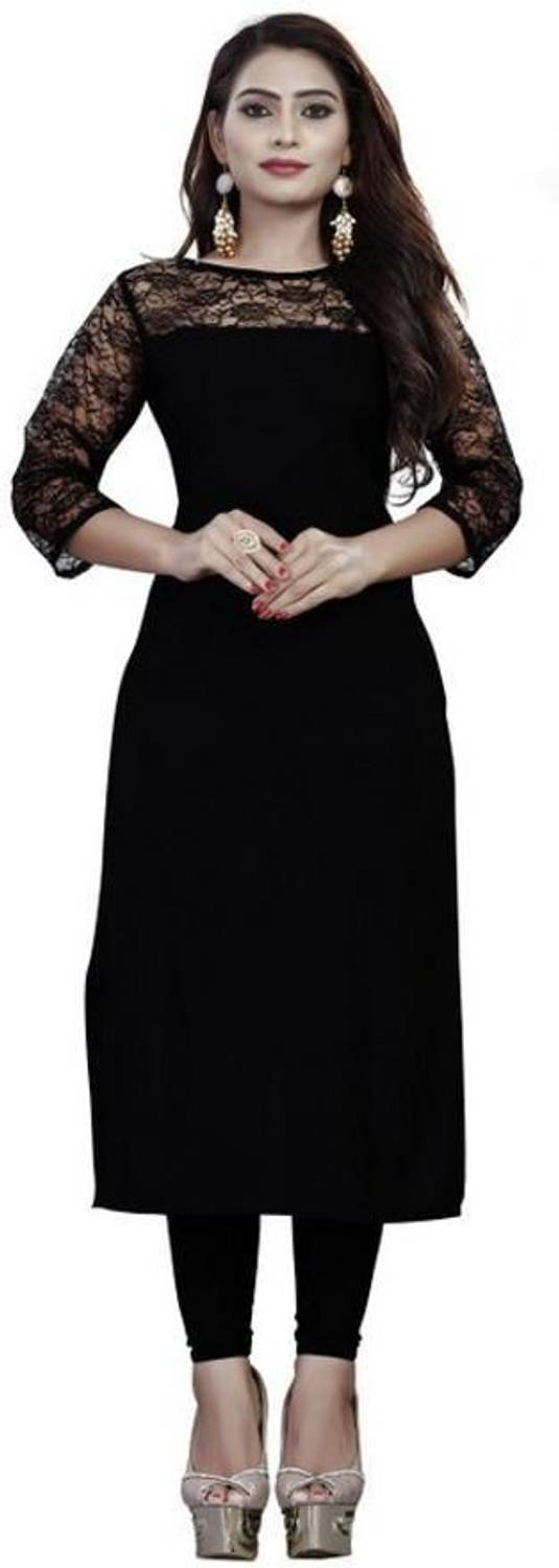 DHYANA FAB Women Self Design Crepe Straight Kurta (Black)