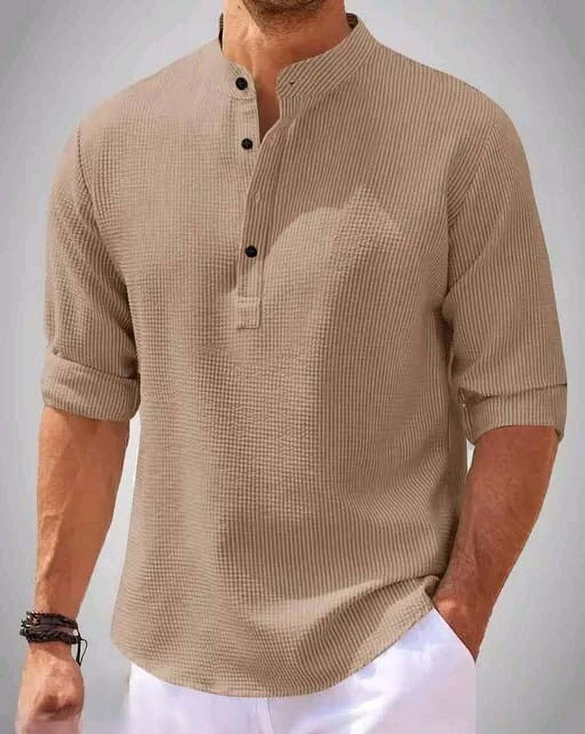 AZIZAN Men Beige High Low Kurta - Image 1