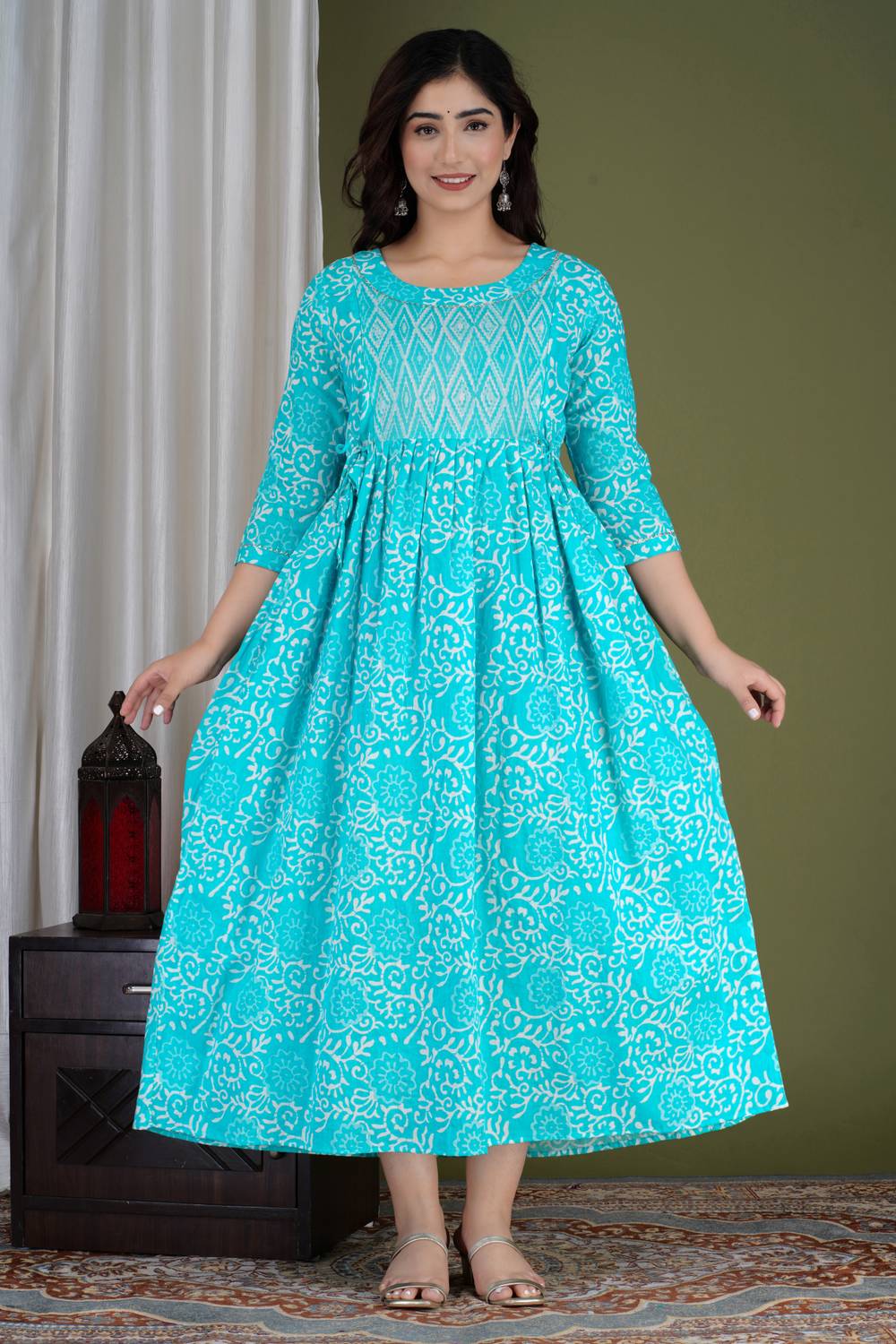 Tulsiram Women Printed Pure Cotton Anarkali Kurta (Light Green, W