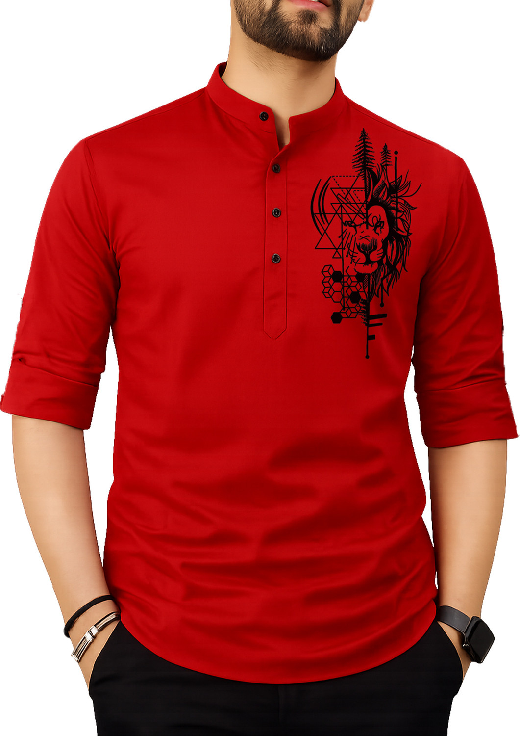 Image of Fashion Marts Self Design Cotton Blend Straight Kurta for Men (Red)