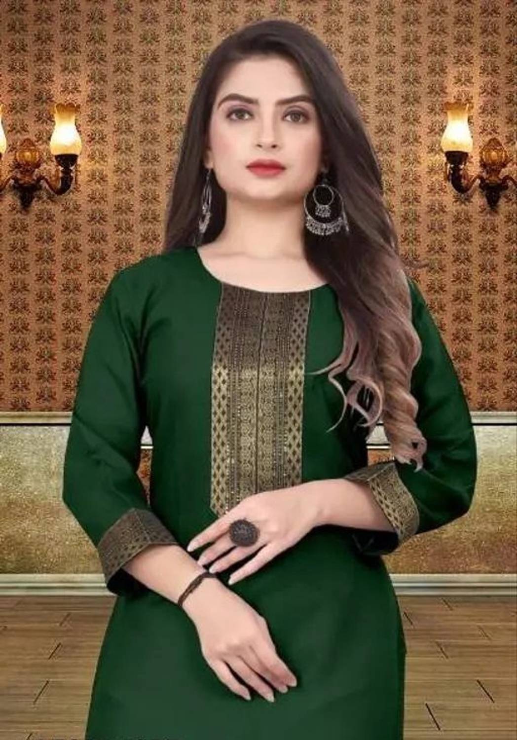 NATEK Women Printed Pure Cotton Straight Kurta (Dark Green, Gold)