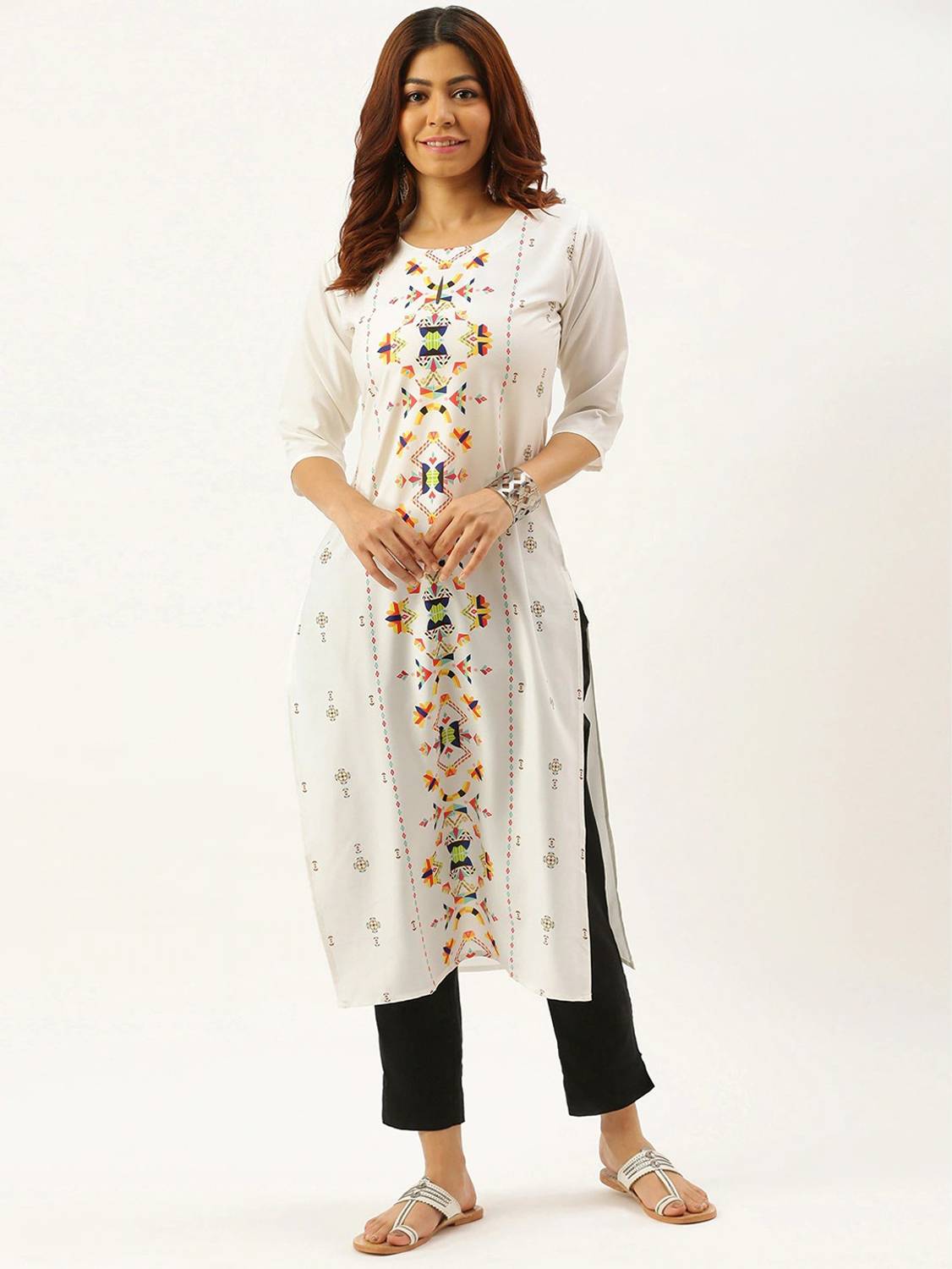 EthnicBasket Women Printed Crepe Straight Kurta (White, Grey)
