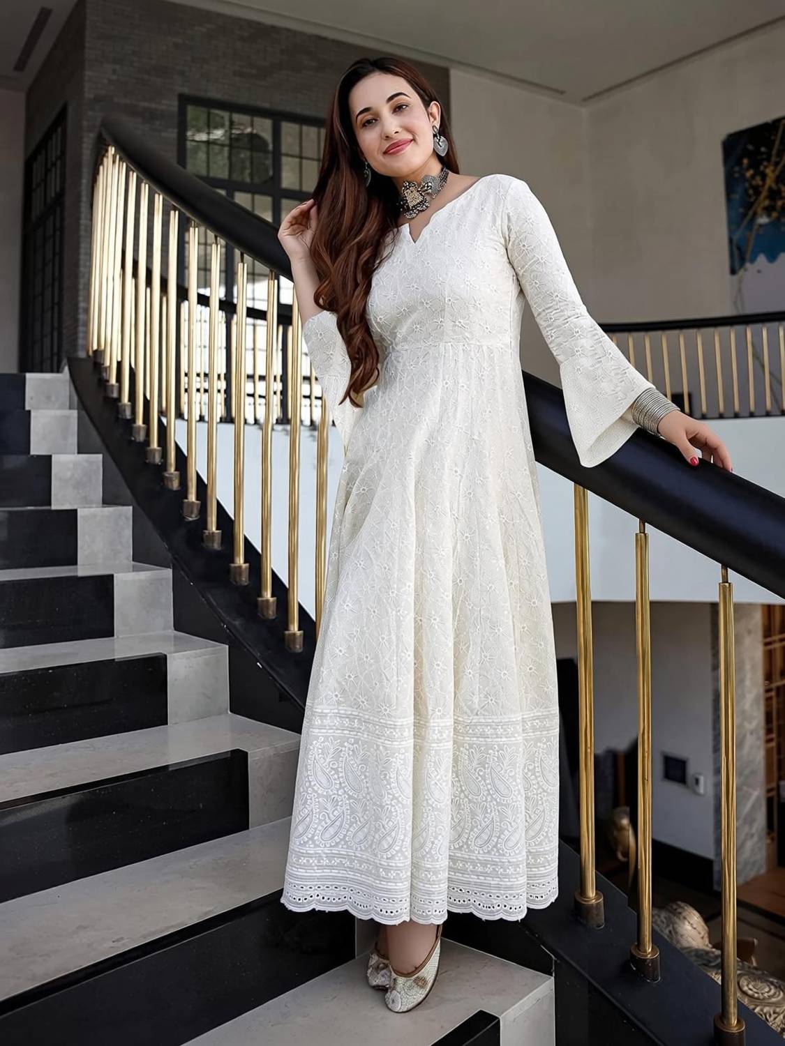 ANIRAV Women Chikan Embroidery Anarkali Kurta