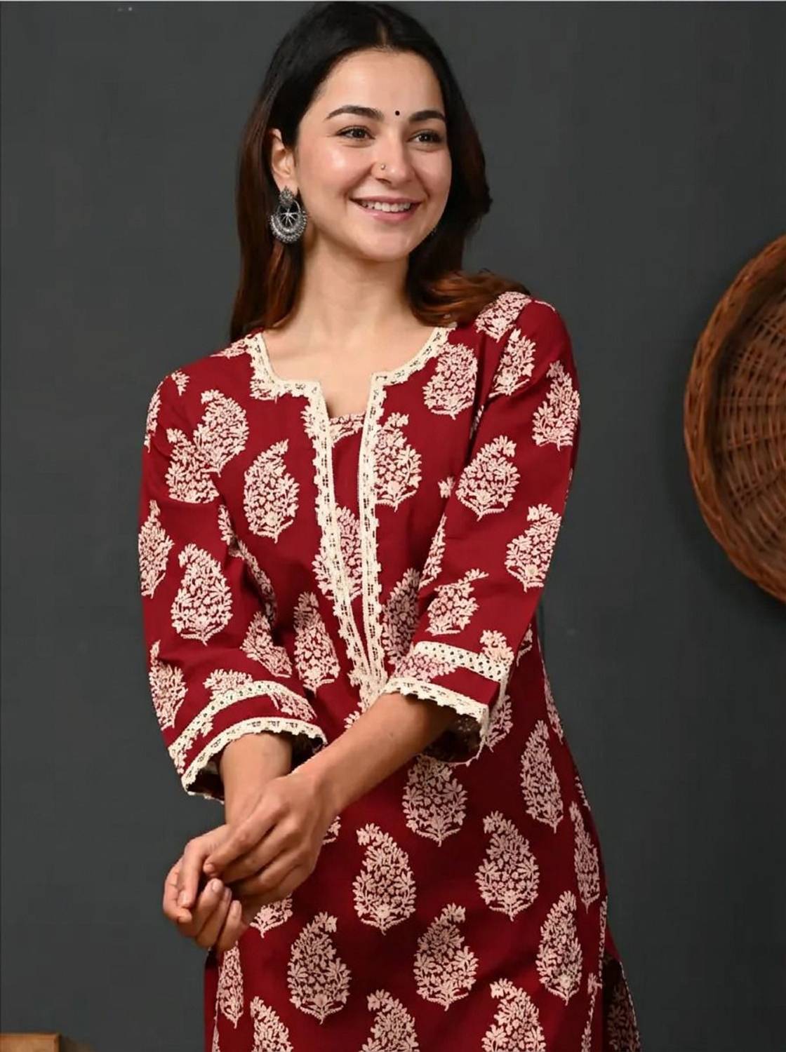 VADAY Women Printed Cotton Blend A-line Kurta (Maroon)