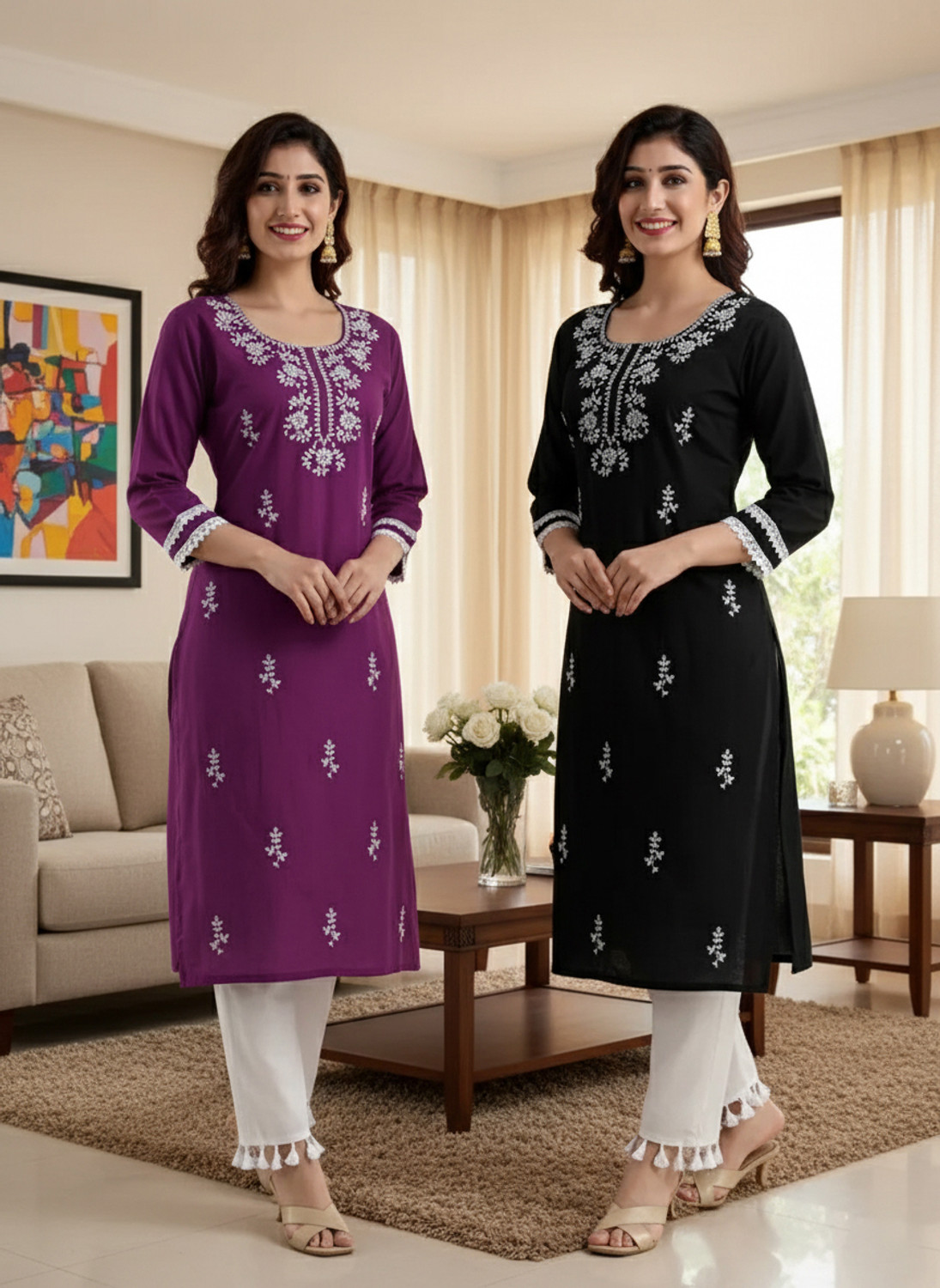 Image of VIKSHI Women Chikan Embroidery Kurta