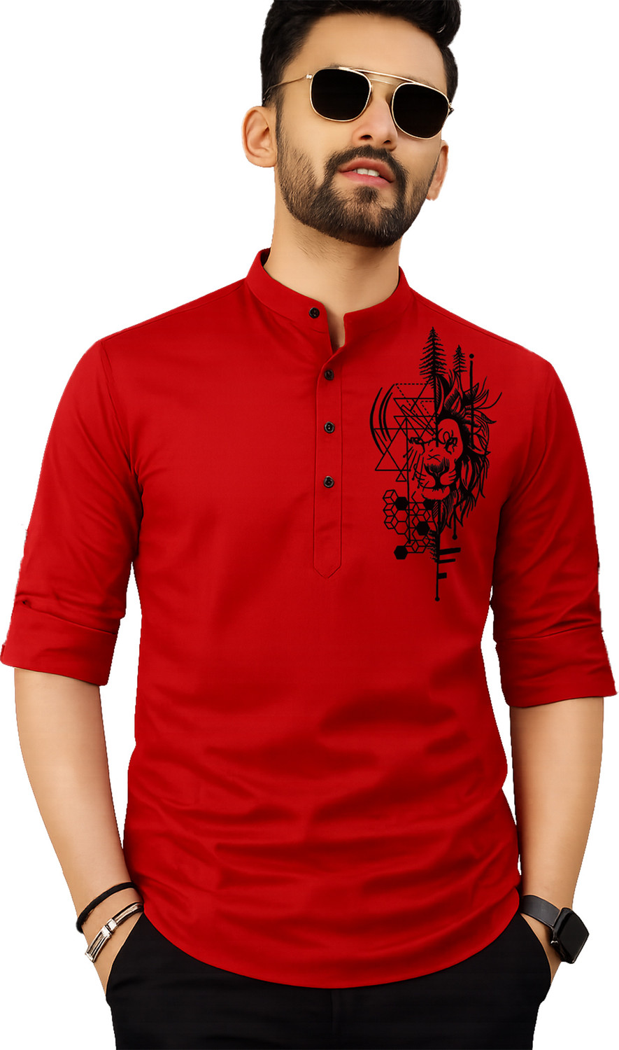 Image of Fashion Marts Self Design Cotton Blend Straight Kurta for Men (Red)