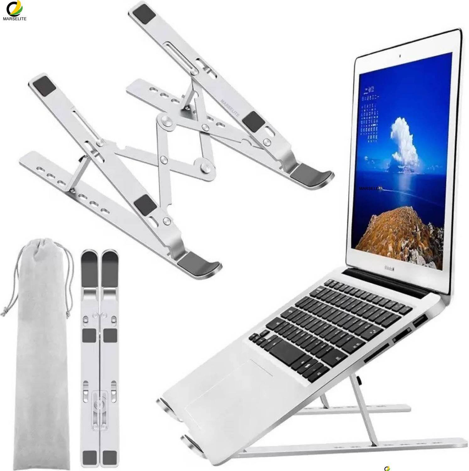 MARSELITE Foldable Laptop Phone Book Stand Anti-Slip Base MARS-ST61 Aluminium Laptop Stand with Adjustable Height Compatible with 26 - 35 cm Laptops