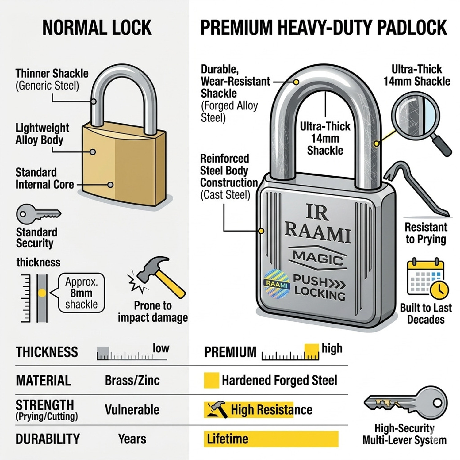Image of onepro Raami 67mm Push Lock 9 Lever Double Locking Heavy Duty with 4 Each Keys 5 Padlock