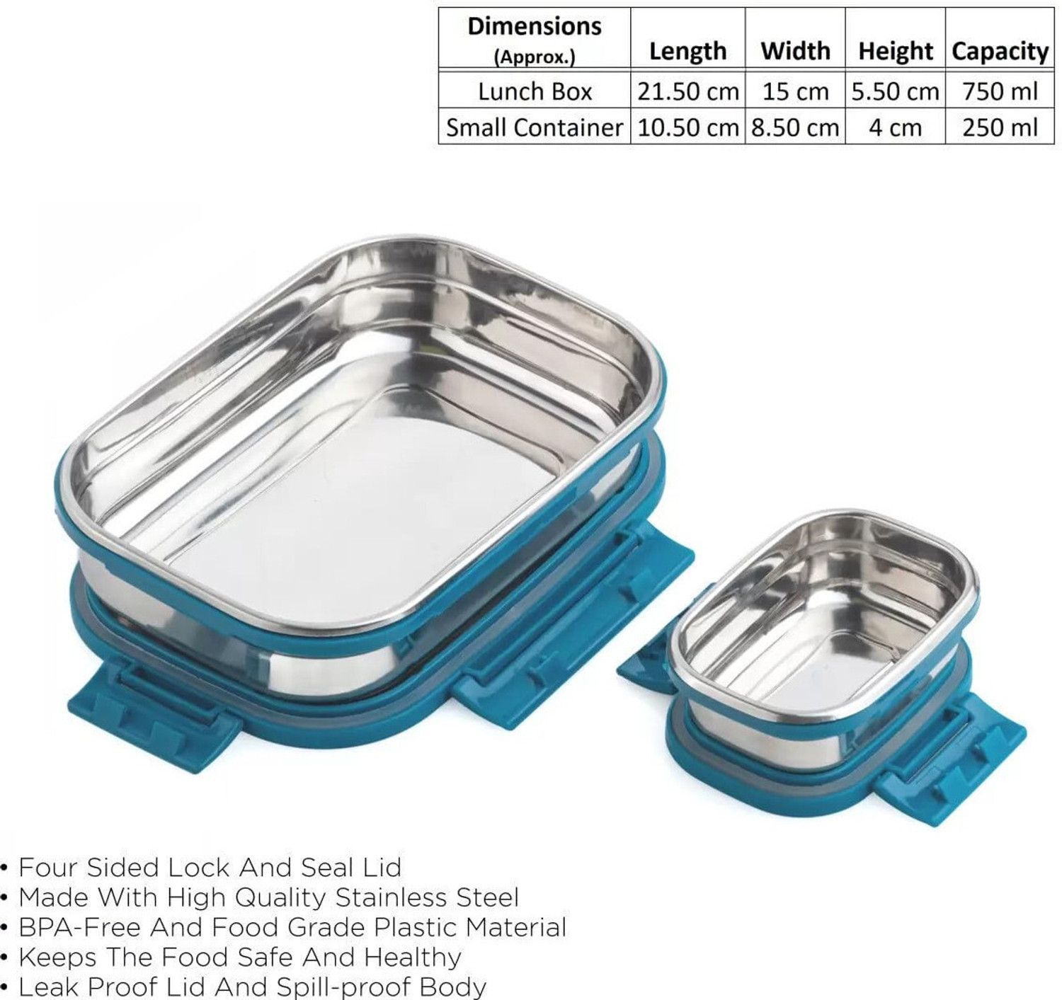 Image of BLLUEX Stainless Steel Leak Proof, Airtight Lunch Box /Tiffin Box for Office, School, 2 Containers Lunch Box