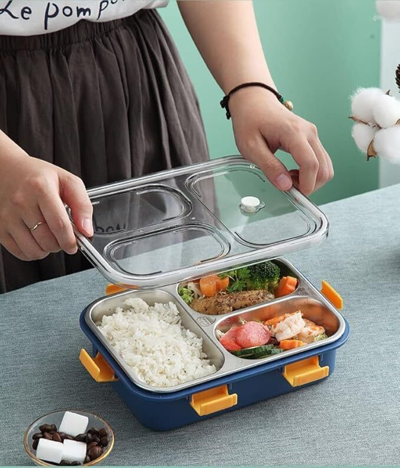 Image of plizzo kitchenware 3 Compartment Stainless Steel Lunch Box, Leakage Proof Lunch Box For School 3 Containers Stainless Steel, Polypropylene School Lunch Box
