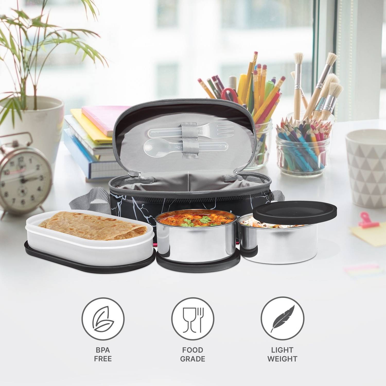 MILTON Executive Lunch Tiffin, 2 Round 280ml & 1 Oval 450ml Stainless - Image 3