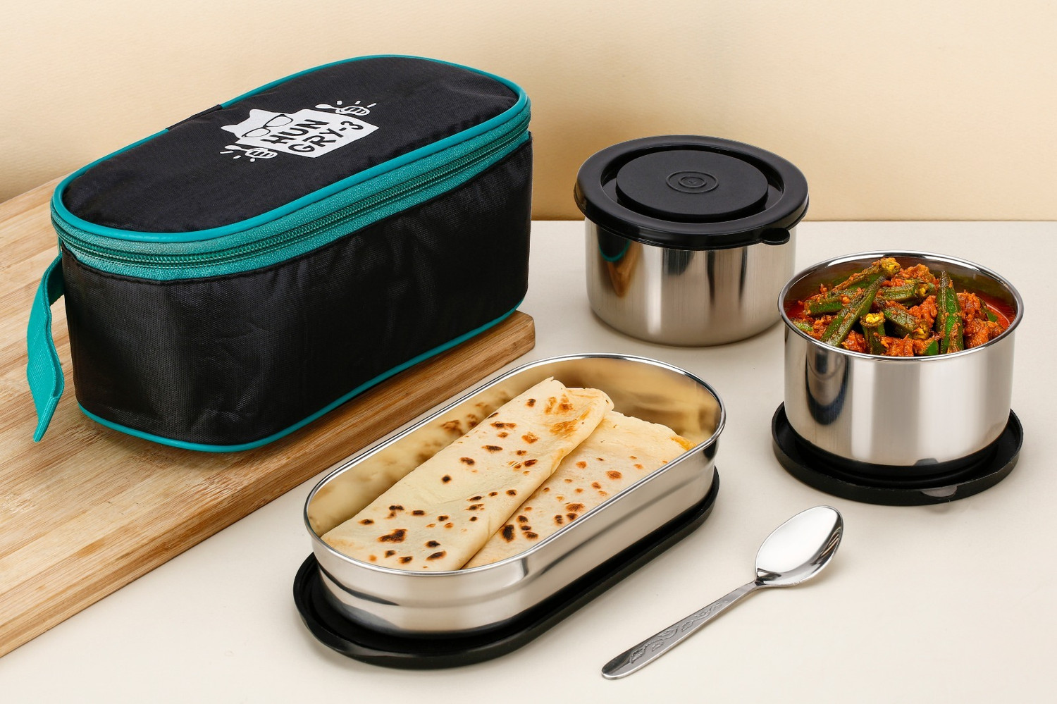 Image of di select Hungry-3 Premium Quality Stainless Steel Leakproof Food Tiffin 3 Containers Stainless Steel Office Lunch Box