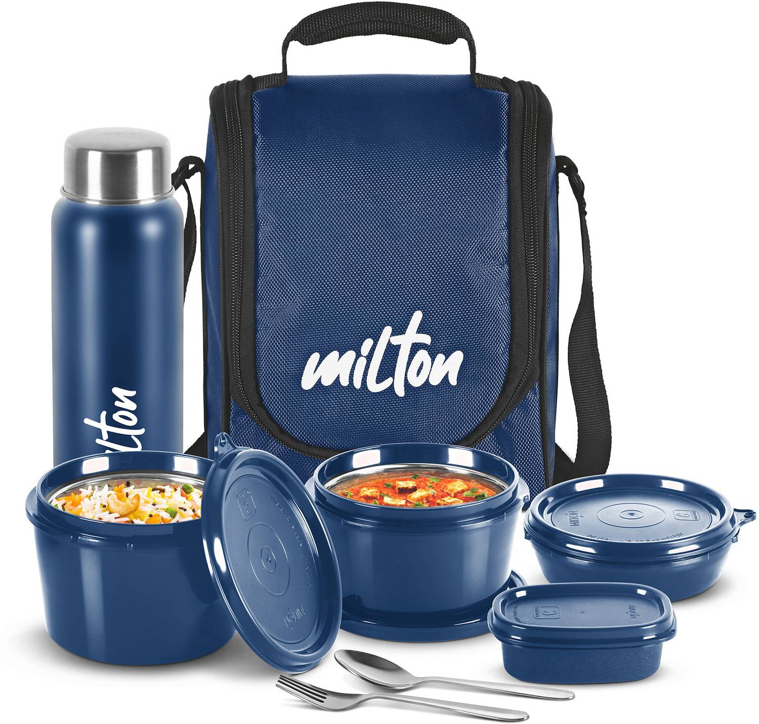 MILTON Pro Lunch Box (3 Containers, 1 Chutney Dabba, 1 Bottle, Spoon, Fork), Blue 4 Containers Stainless Steel, Plastic Office Lunch Box — Lunch Boxes & Tiffins