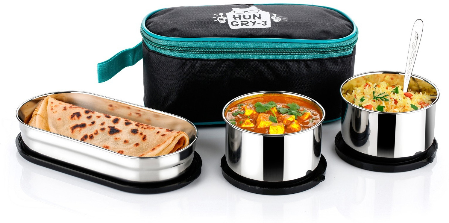 Image of di select Hungry-3 Premium Quality Stainless Steel Leakproof Food Tiffin 3 Containers Stainless Steel Office Lunch Box