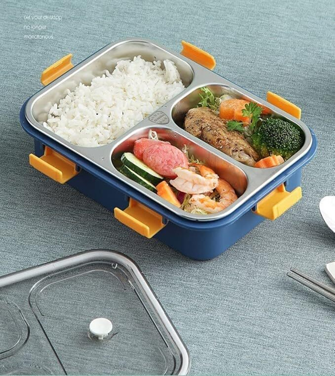 Image of plizzo kitchenware 3 Compartment Stainless Steel Lunch Box, Leakage Proof Lunch Box For School 3 Containers Stainless Steel, Polypropylene School Lunch Box